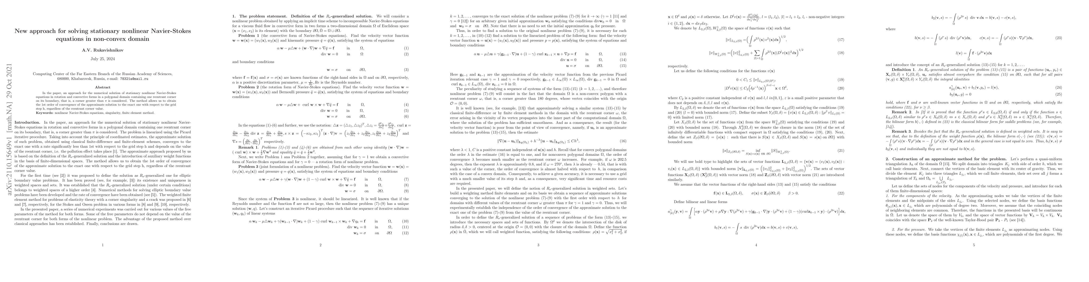 Thumbnail for New approach for solving stationary nonlinear Navier-Stokes equations in
  non-convex domain