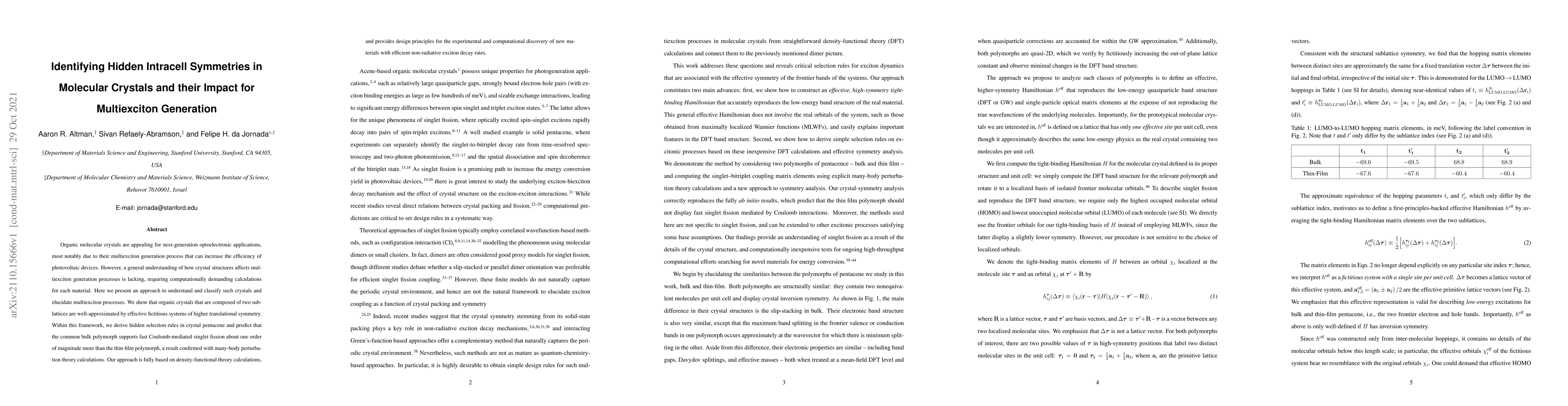 Thumbnail for Identifying Hidden Intracell Symmetries in Molecular Crystals and their
  Impact for Multiexciton Generation