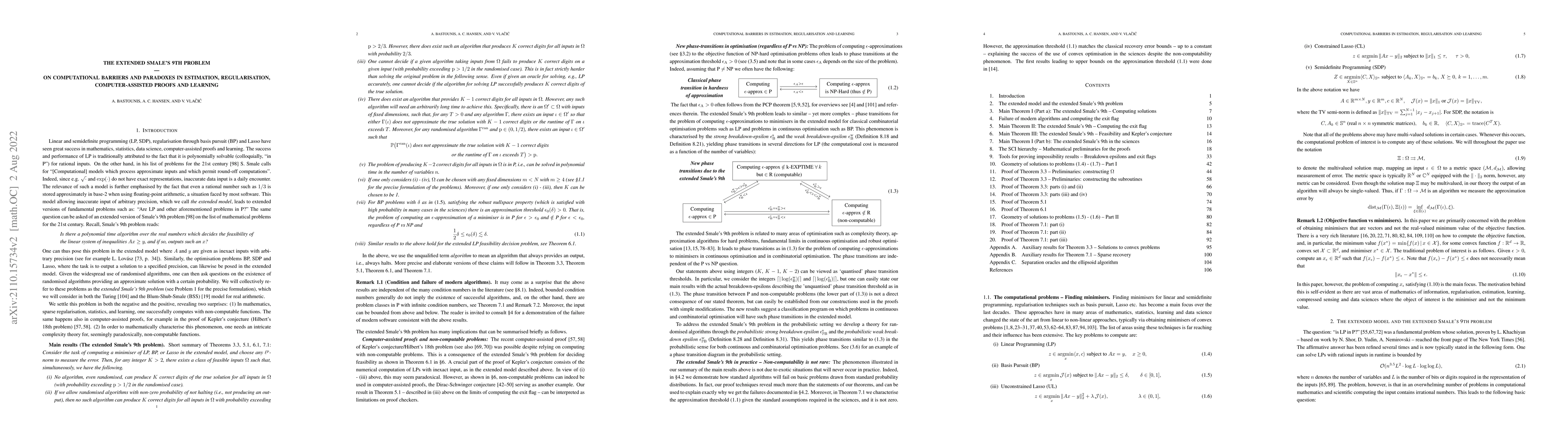 Thumbnail for The extended Smale's 9th problem -- On computational barriers and
  paradoxes in estimation, regularisation, computer-assisted proofs and
  learning