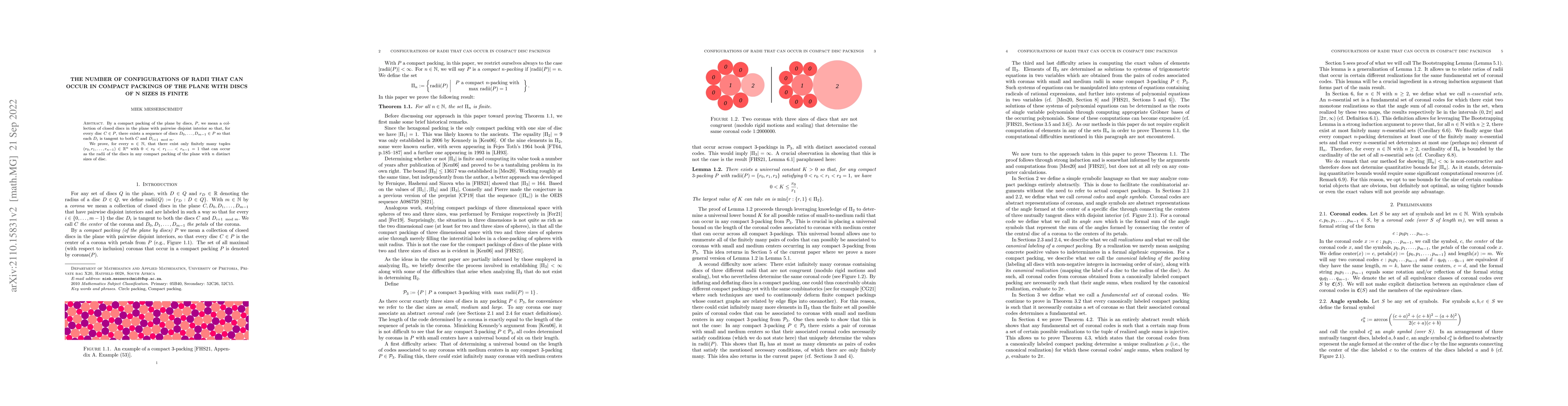 Thumbnail for The number of configurations of radii that can occur in compact packings
  of the plane with discs of $n$ sizes is finite