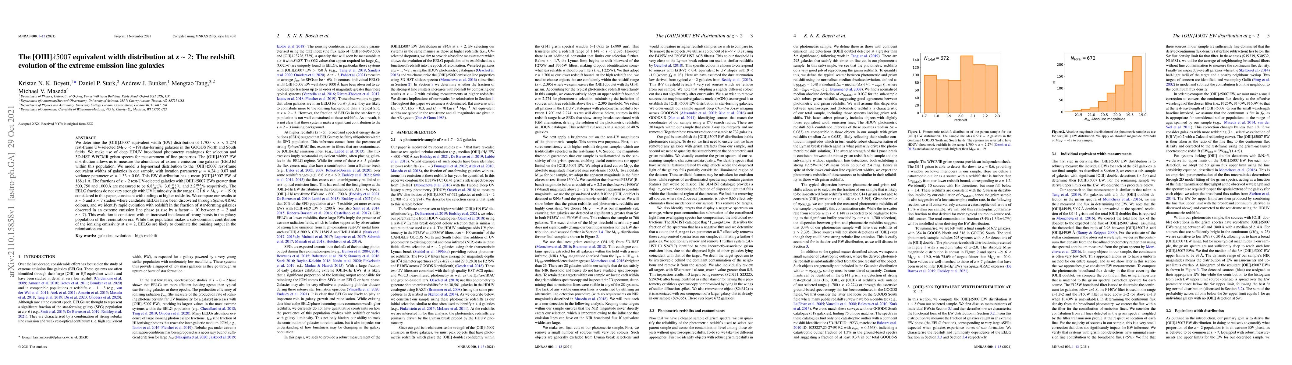 Thumbnail for The [OIII]$\lambda5007$ equivalent width distribution at z $\sim2$: The
  redshift evolution of the extreme emission line galaxies