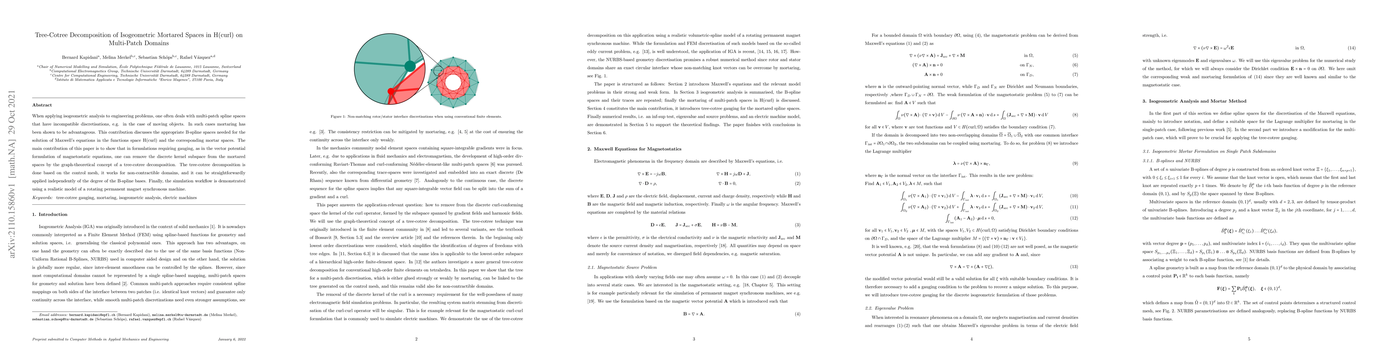 Thumbnail for Tree-Cotree Decomposition of Isogeometric Mortared Spaces in H(curl) on
  Multi-Patch Domains