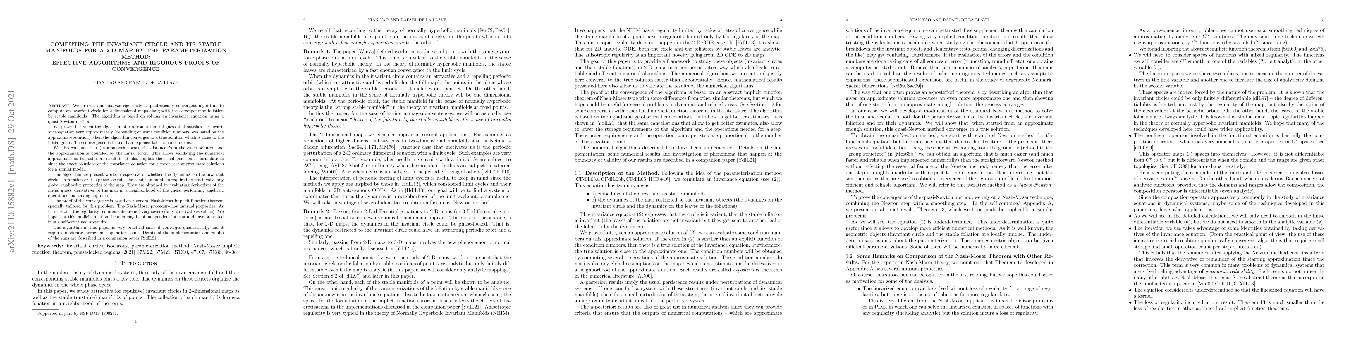 Thumbnail for Computing the Invariant Circle and its Stable Manifolds for a 2-D Map by
  the Parameterization Method: Effective Algorithms and Rigorous Proofs of
  Convergence
