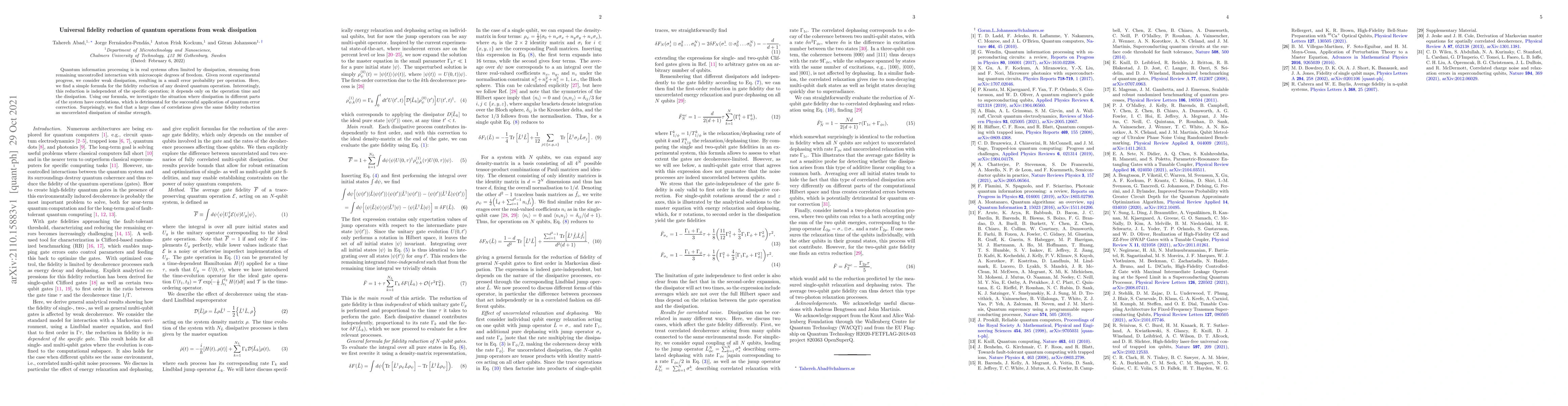 Thumbnail for Universal fidelity reduction of quantum operations from weak dissipation