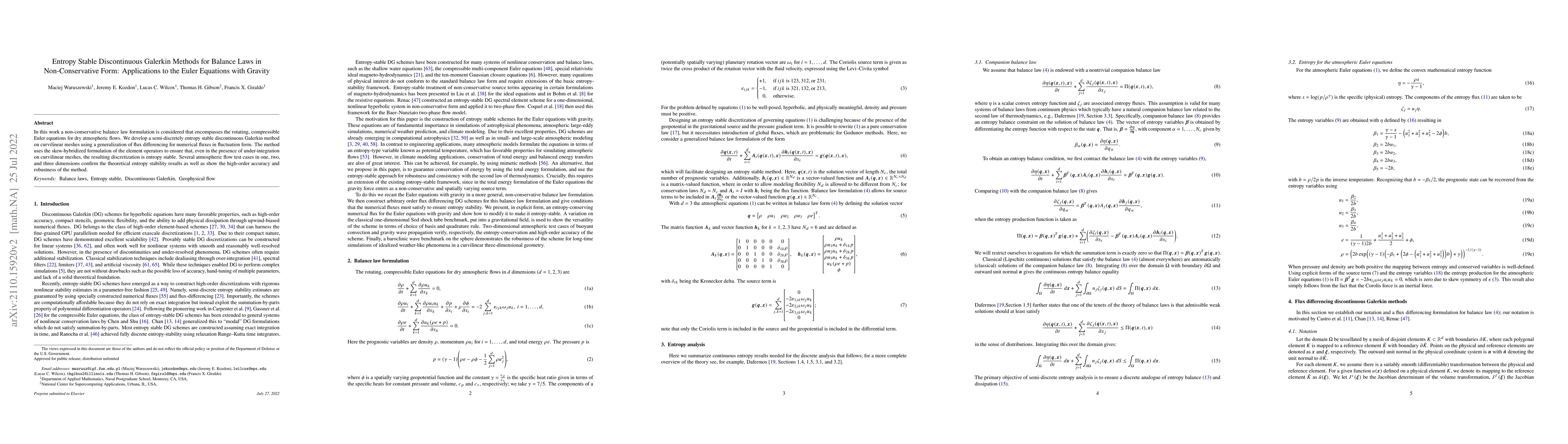 Thumbnail for Entropy Stable Discontinuous Galerkin Methods for Balance Laws in
  Non-Conservative Form: Applications to the Euler Equations with Gravity