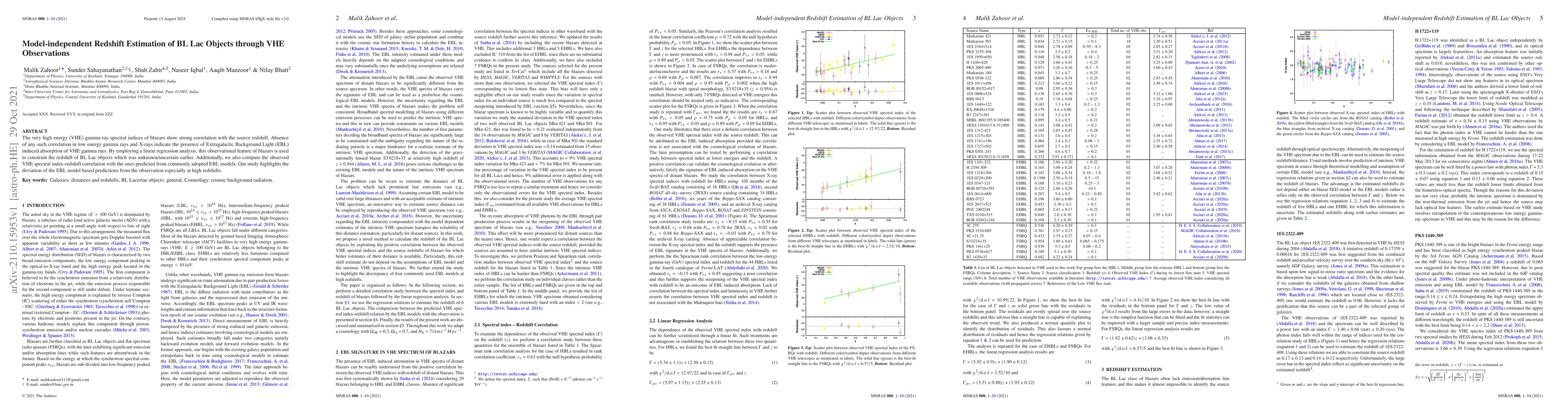 Thumbnail for Model-independent Redshift Estimation of BL Lac Objects through VHE
  Observations