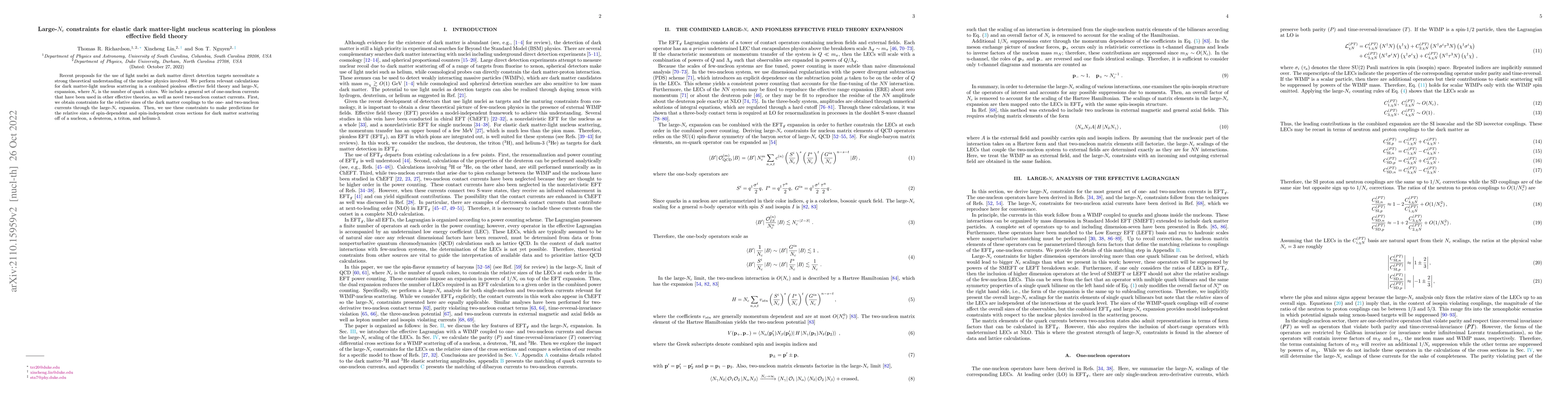 Thumbnail for Large-$N_c$ constraints for elastic dark matter-light nucleus scattering
  in pionless effective field theory