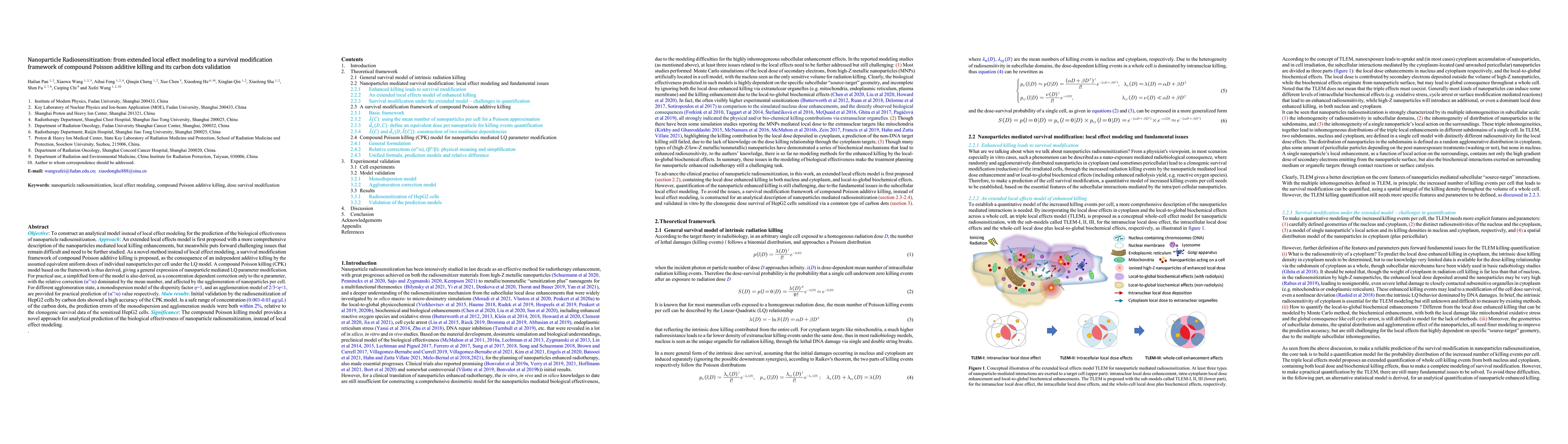 Thumbnail for Nanoparticle Radiosensitization: from extended local effect modeling to
  a survival modificationframework of compound Poisson additive killing and its
  carbon dots validation