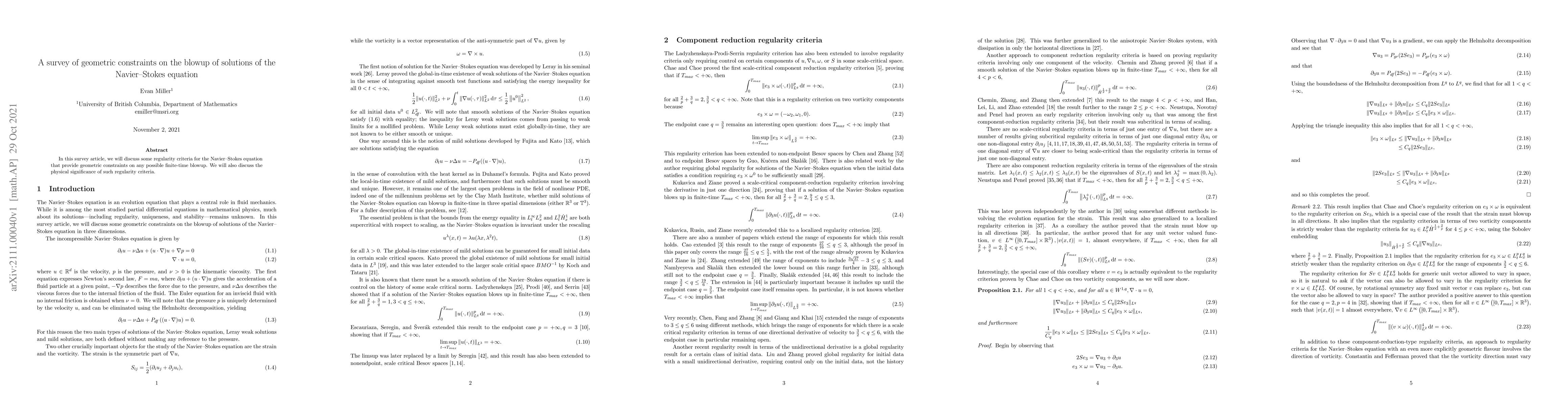 Thumbnail for A survey of geometric constraints on the blowup of solutions of the
  Navier--Stokes equation