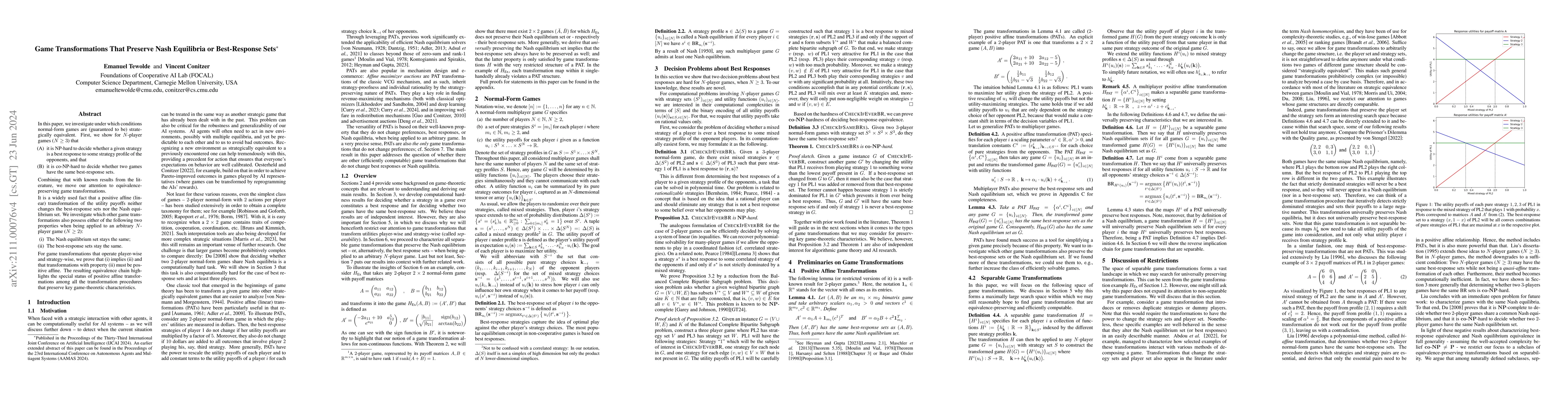 Thumbnail for Game Transformations That Preserve Nash Equilibria or Best-Response Sets