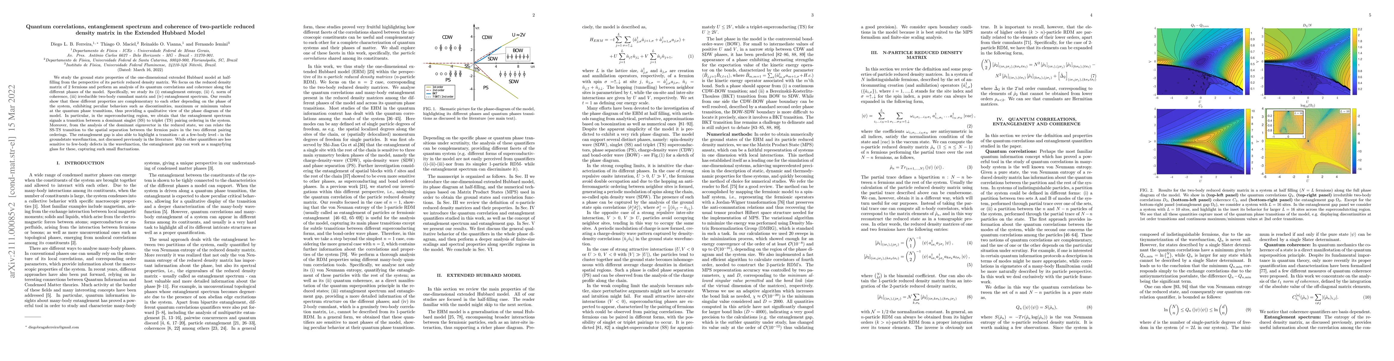 Thumbnail for Quantum correlations, entanglement spectrum and coherence of
  two-particle reduced density matrix in the Extended Hubbard Model