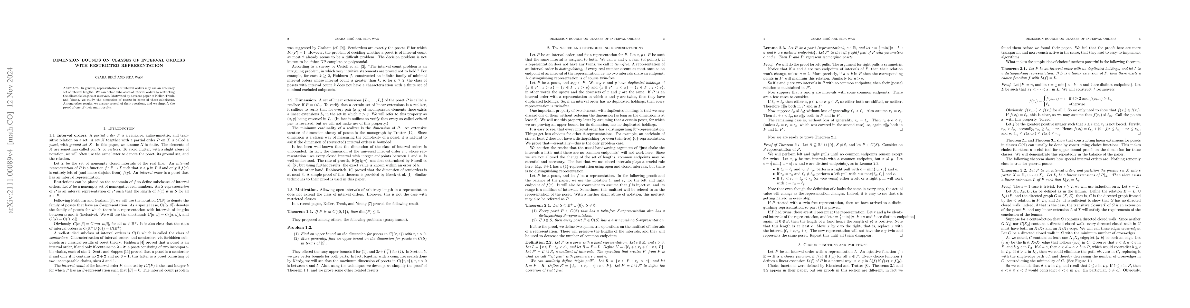 Thumbnail for Dimension bounds on classes of interval orders with restricted
  representation