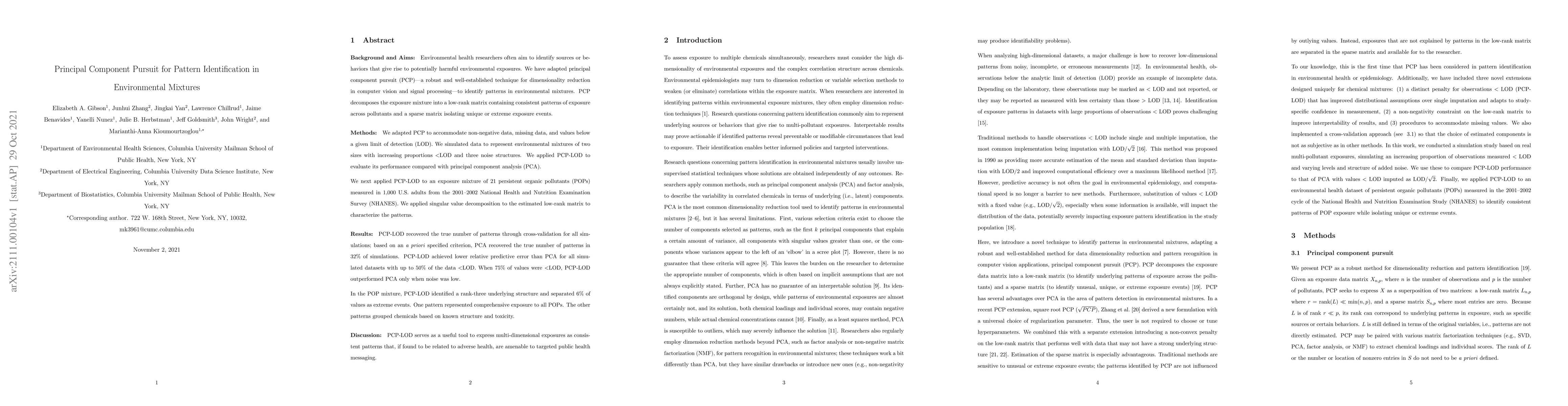 Thumbnail for Principal Component Pursuit for Pattern Identification in Environmental
  Mixtures