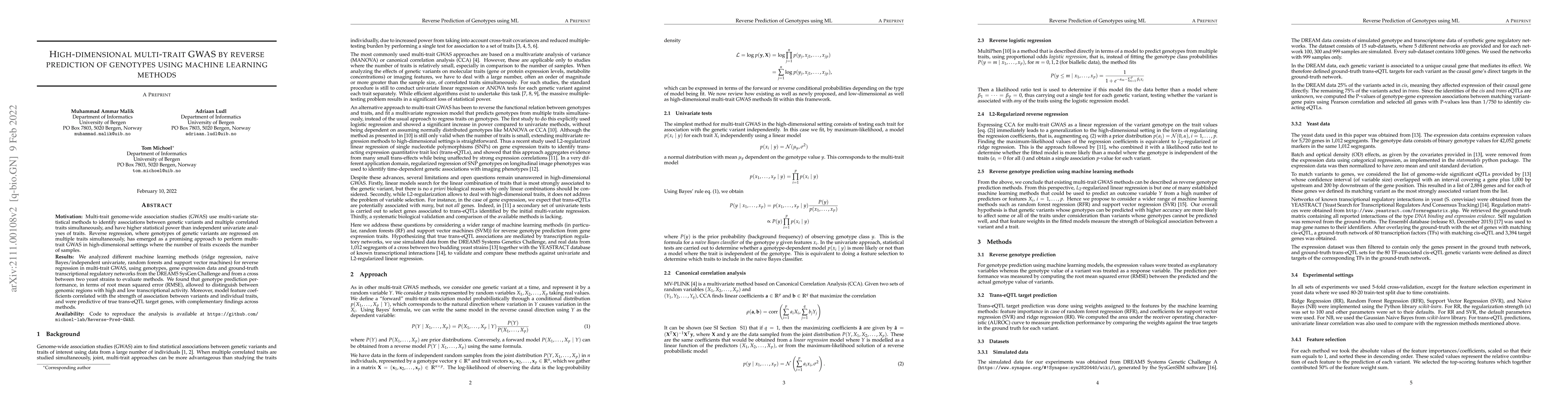 Thumbnail for High-dimensional multi-trait GWAS by reverse prediction of genotypes