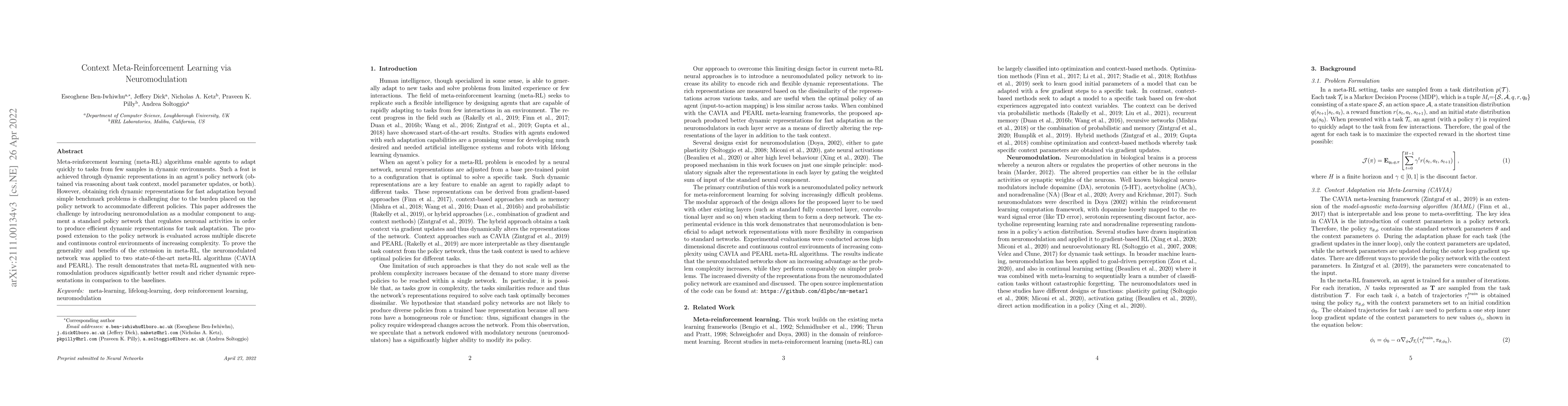 Thumbnail for Context Meta-Reinforcement Learning via Neuromodulation