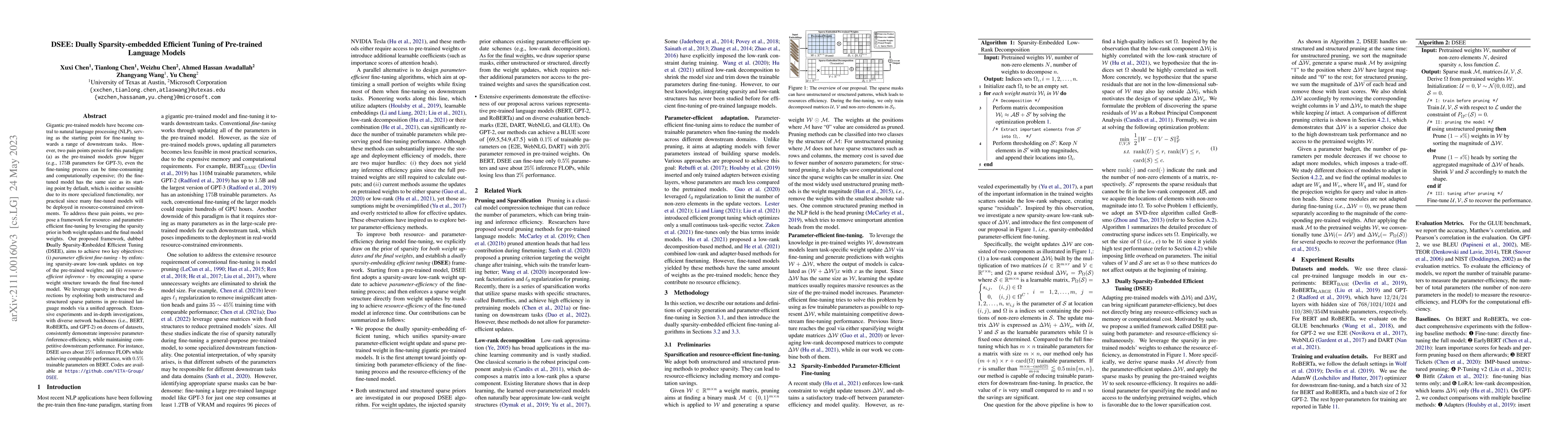 Thumbnail for DSEE: Dually Sparsity-embedded Efficient Tuning of Pre-trained Language
  Models