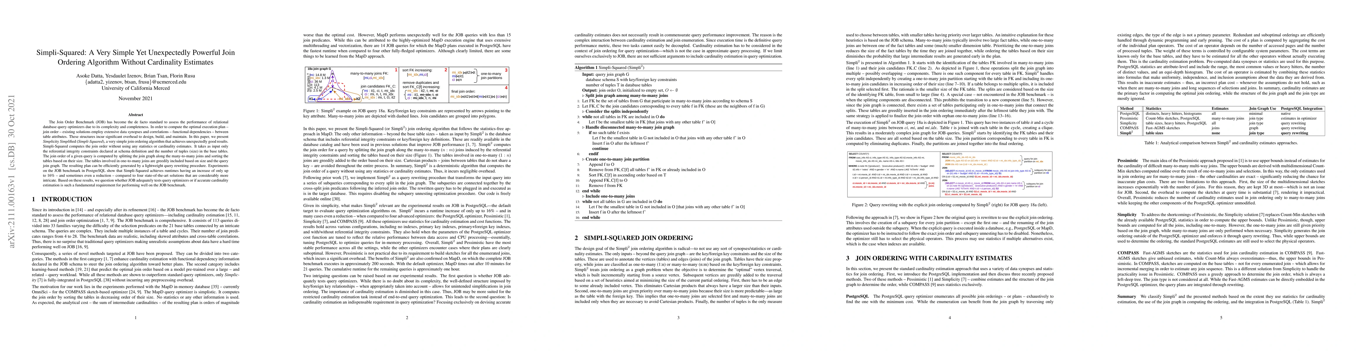 Thumbnail for Simpli-Squared: A Very Simple Yet Unexpectedly Powerful Join Ordering
  Algorithm Without Cardinality Estimates