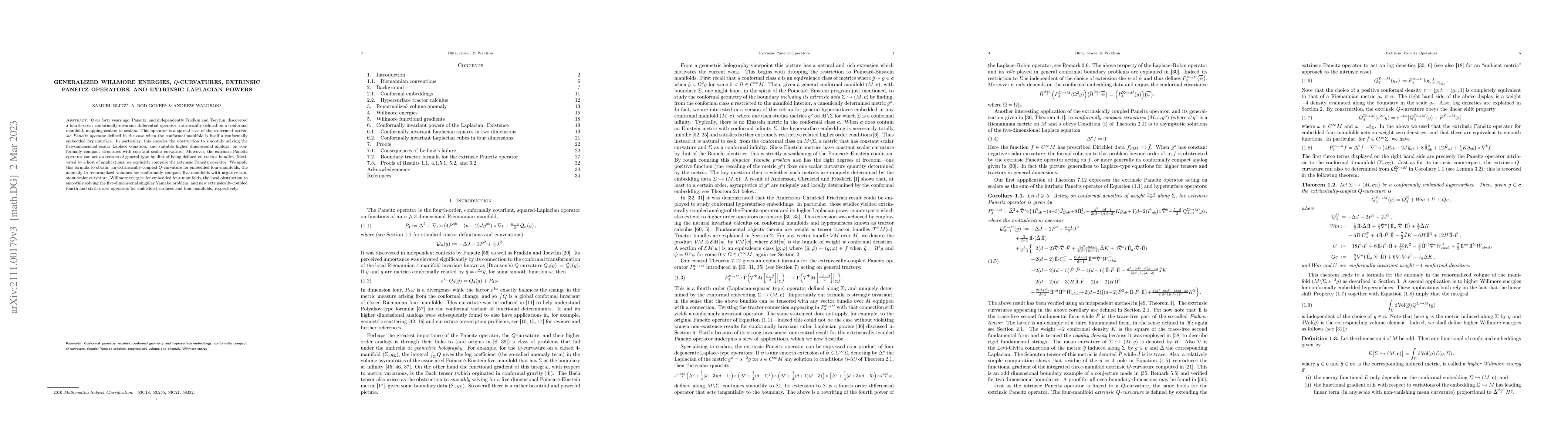 Thumbnail for Generalized Willmore Energies, Q-Curvatures, Extrinsic Paneitz
  Operators, and Extrinsic Laplacian Powers