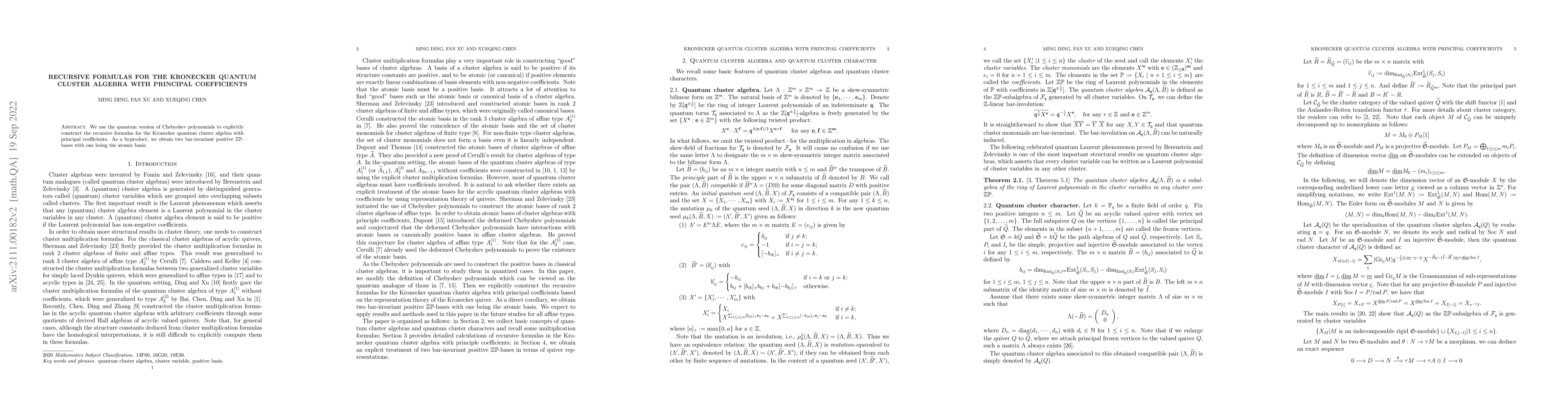 Thumbnail for Recursive formulas for the Kronecker quantum cluster algebra with
  principal coefficients