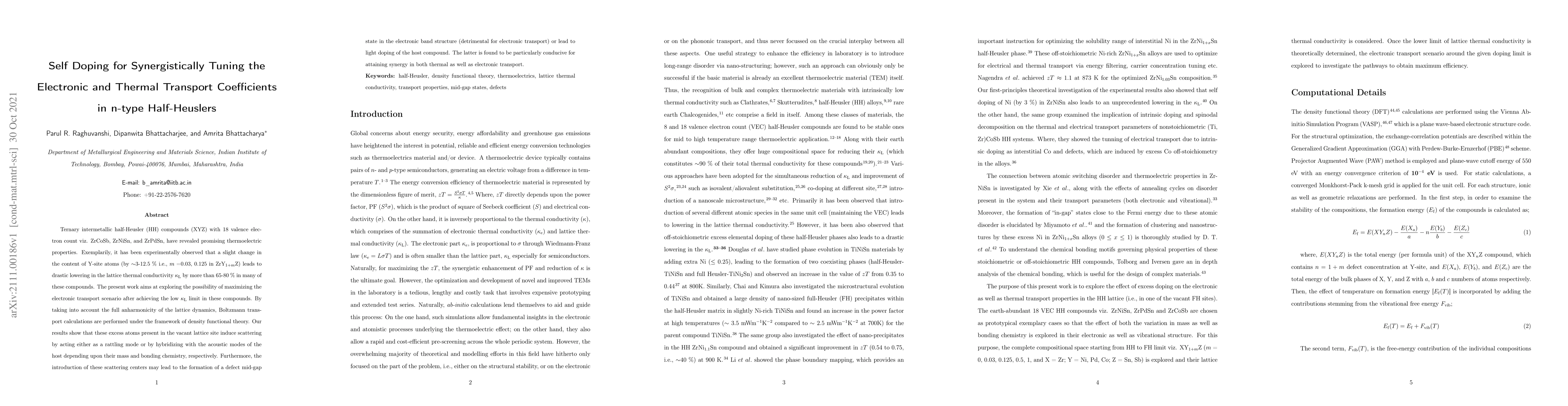 Thumbnail for Self Doping for Synergistically Tuning the Electronic and Thermal
  Transport Coefficients in n-type Half-Heuslers