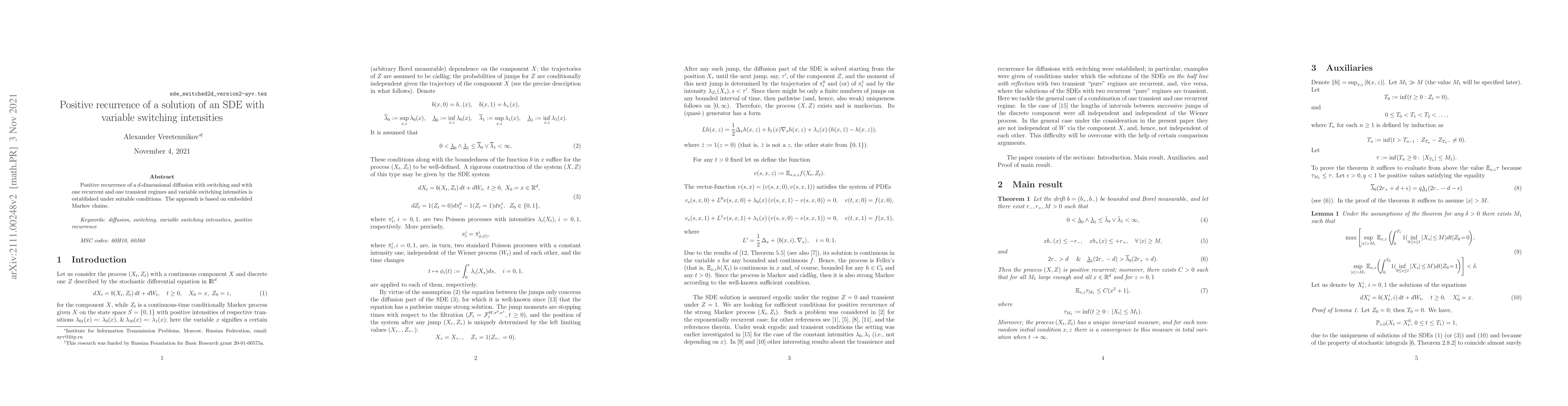 Thumbnail for Positive recurrence of a solution of an SDE with variable switching
  intensities