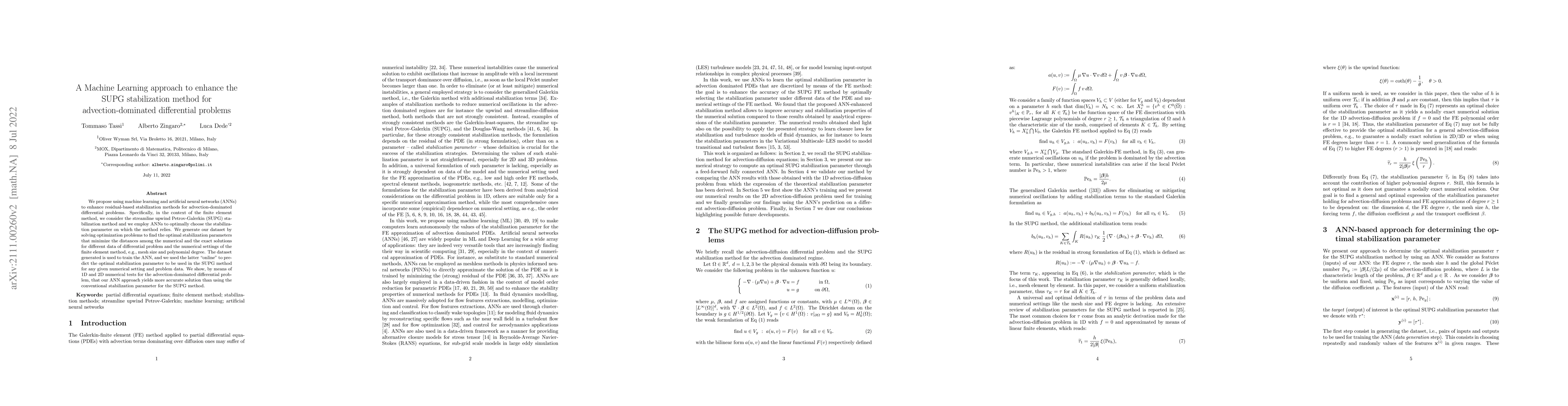Thumbnail for A Machine Learning approach to enhance the SUPG stabilization method for
  advection-dominated differential problems