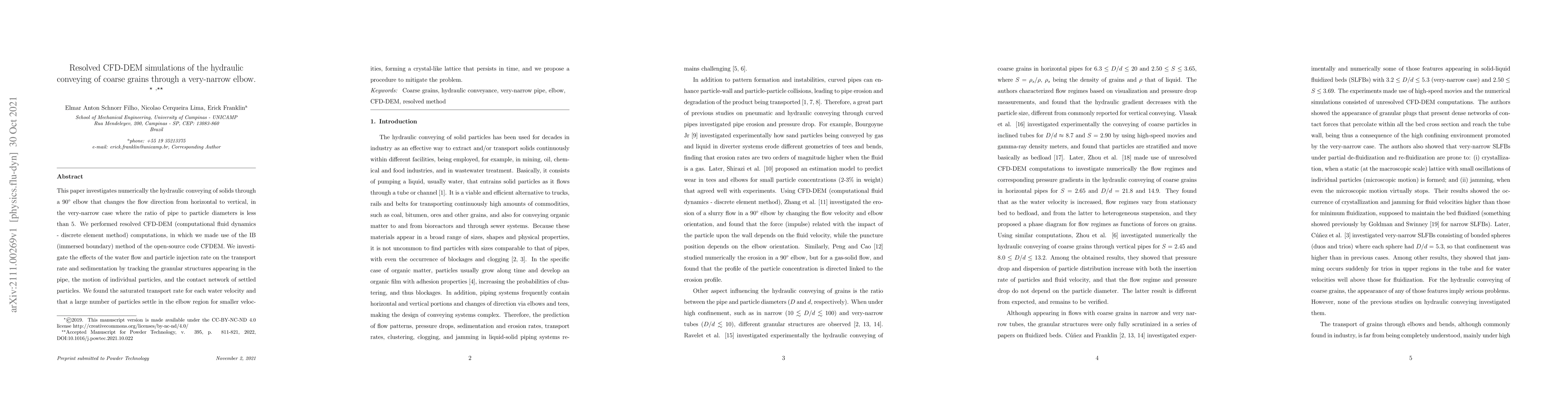 Thumbnail for Resolved CFD-DEM simulations of the hydraulic conveying of coarse grains
  through a very-narrow elbow