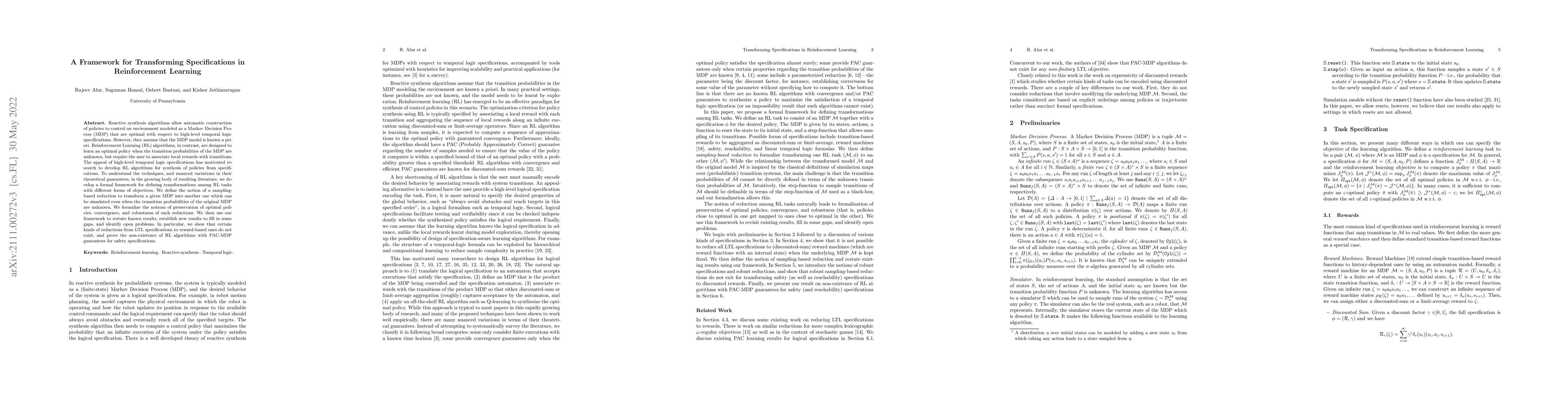 Thumbnail for A Framework for Transforming Specifications in Reinforcement Learning