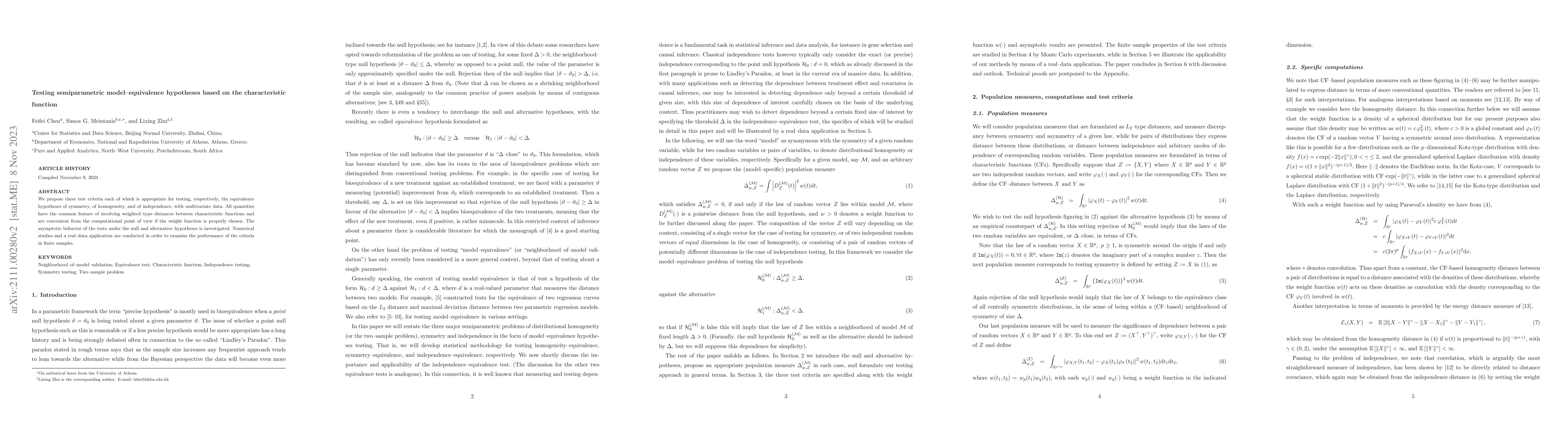 Thumbnail for Testing semiparametric model-equivalence hypotheses based on the
  characteristic function