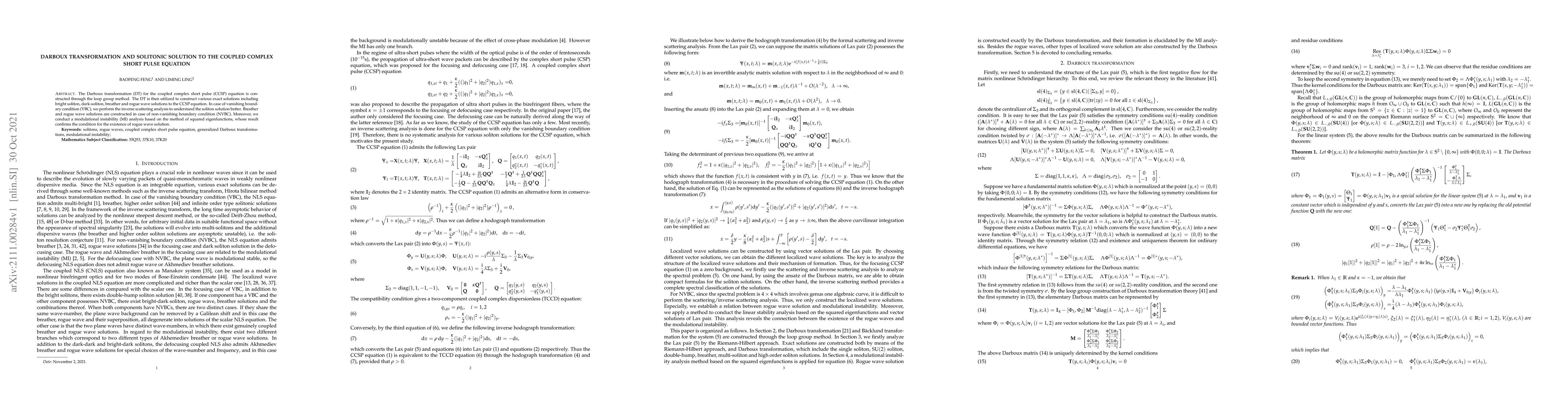 Thumbnail for Darboux transformation and solitonic solution to the coupled complex
  short pulse equation