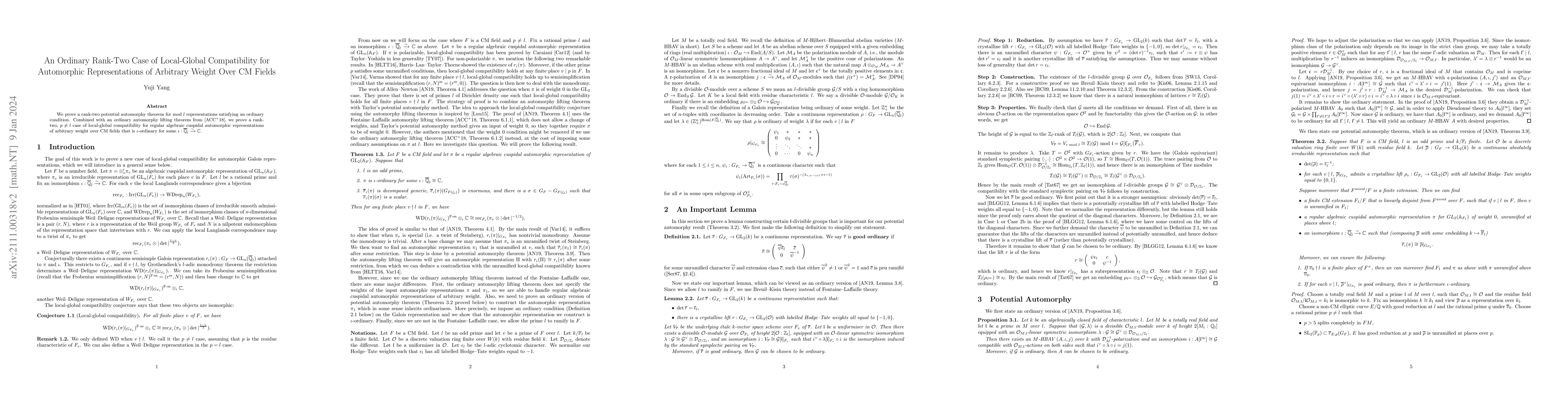 Thumbnail for An Ordinary Rank-Two Case of Local-Global Compatibility for Automorphic
  Representations of Arbitrary Weight Over CM Fields