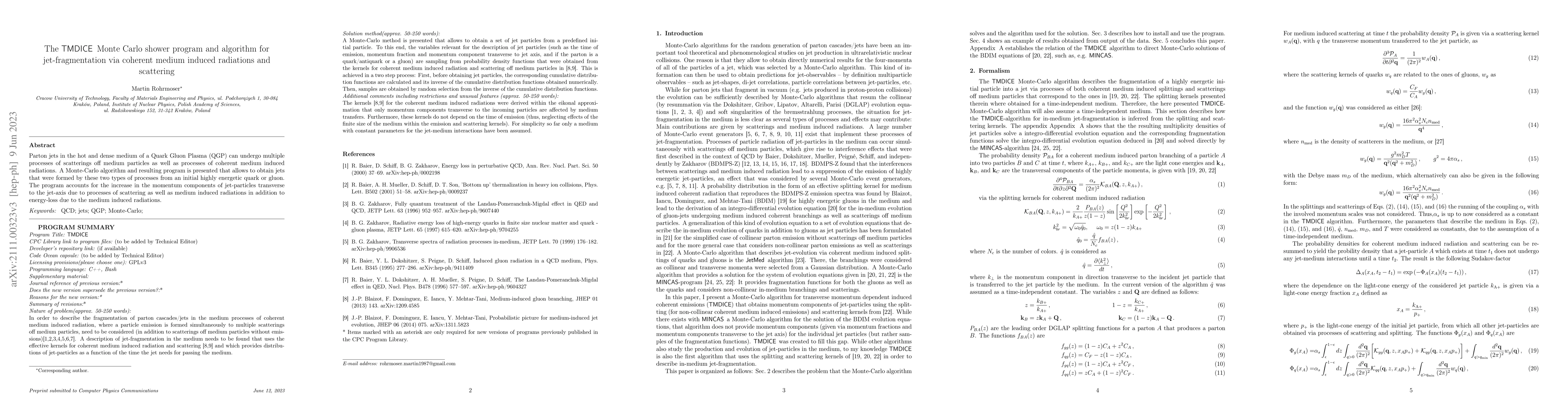 Thumbnail for The TMDICE Monte Carlo shower program and algorithm for
  jet-fragmentation via coherent medium induced radiations and scatterings