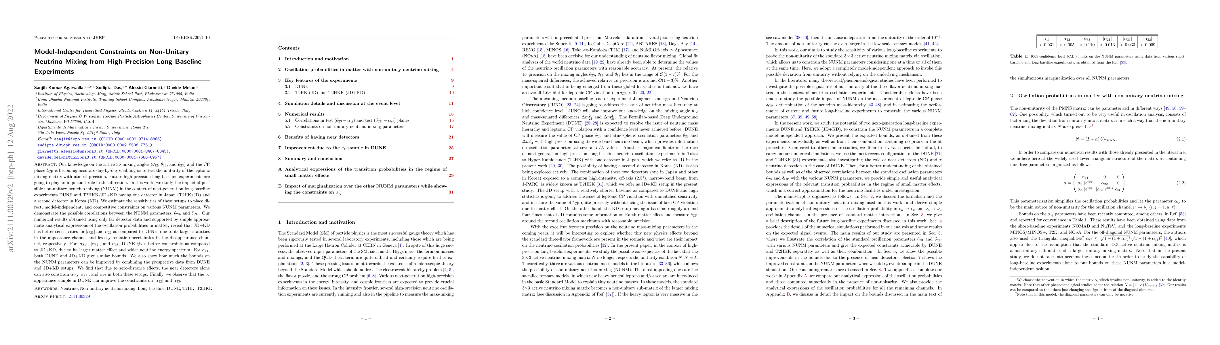 Thumbnail for Model-Independent Constraints on Non-Unitary Neutrino Mixing from
  High-Precision Long-Baseline Experiments