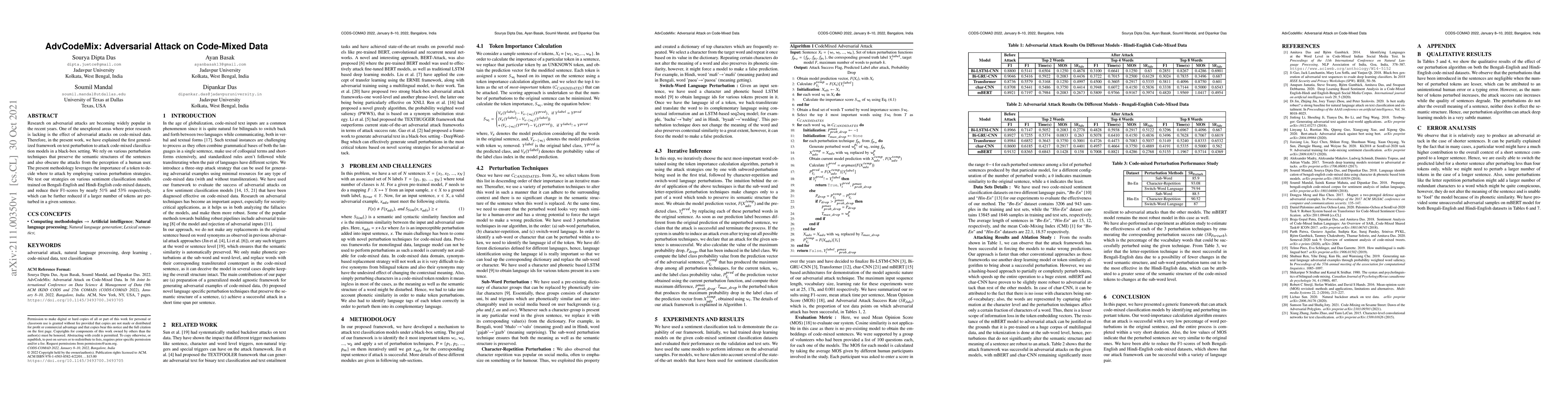 Thumbnail for AdvCodeMix: Adversarial Attack on Code-Mixed Data