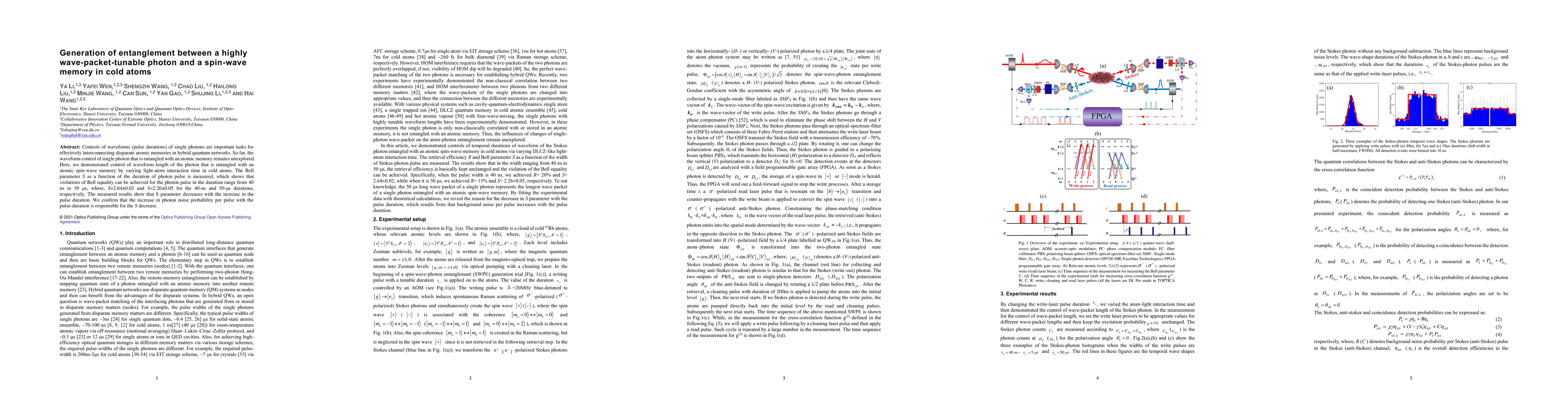 Thumbnail for Generation of entanglement between a highly wave-packet-tunable photon
  and a spin-wave memory in cold atoms