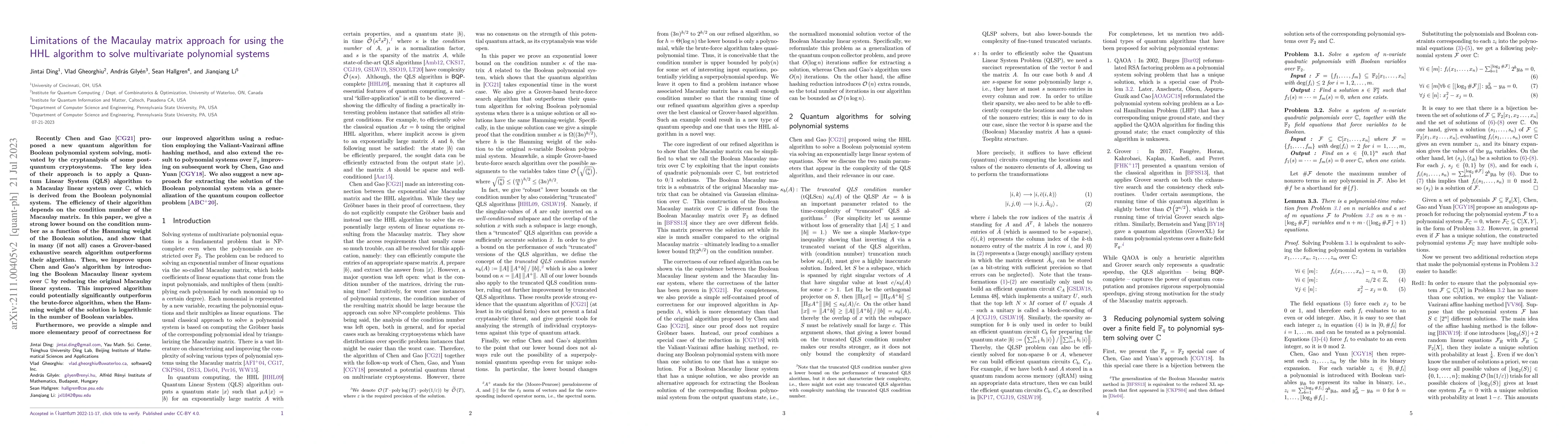 Thumbnail for Limitations of the Macaulay matrix approach for using the HHL algorithm
  to solve multivariate polynomial systems