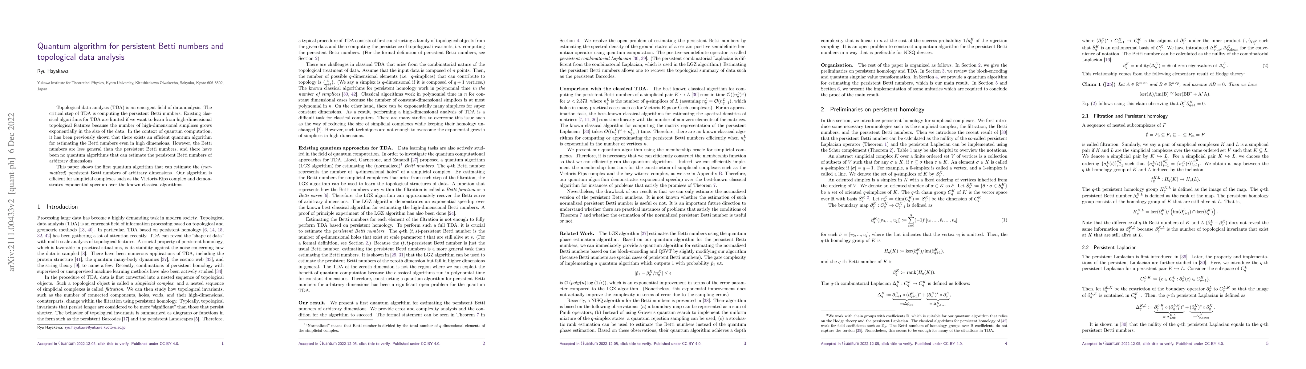 Thumbnail for Quantum algorithm for persistent Betti numbers and topological data
  analysis