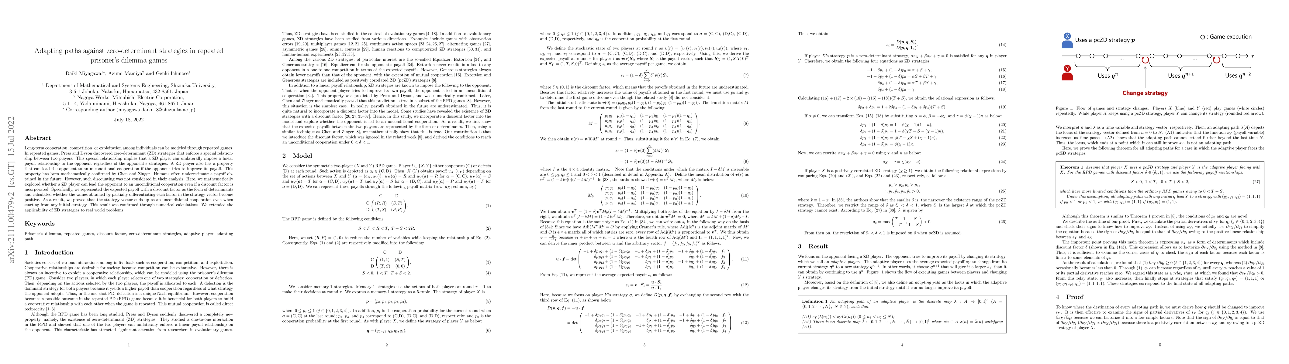 Thumbnail for Adapting paths against zero-determinant strategies in repeated
  prisoner's dilemma games