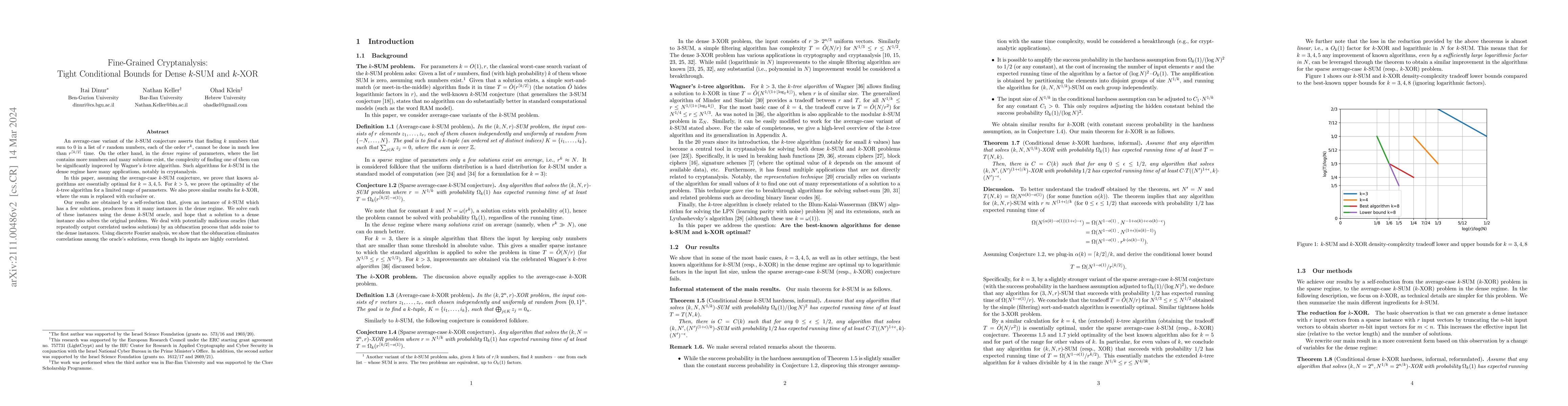 Thumbnail for Fine-Grained Cryptanalysis: Tight Conditional Bounds for Dense k-SUM and
  k-XOR