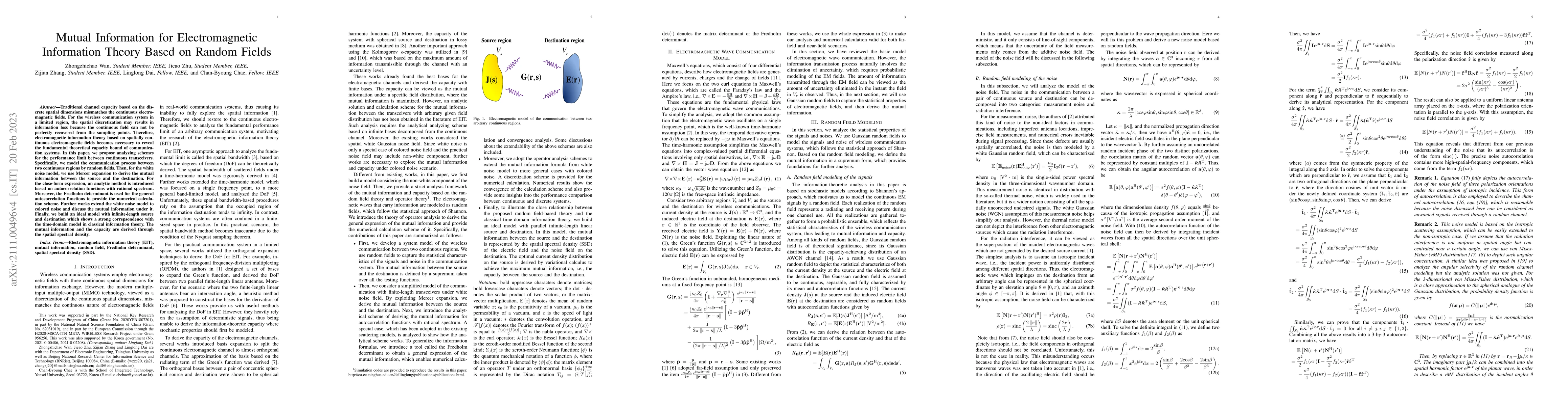 Thumbnail for Mutual Information for Electromagnetic Information Theory Based on
  Random Fields
