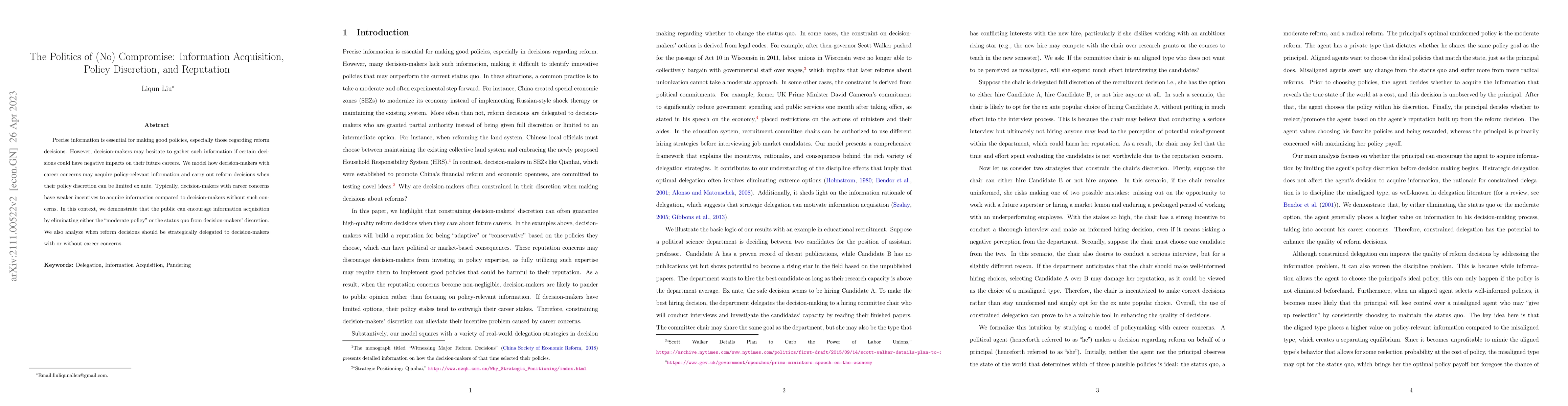 Thumbnail for The Politics of (No) Compromise: Information Acquisition, Policy
  Discretion, and Reputation