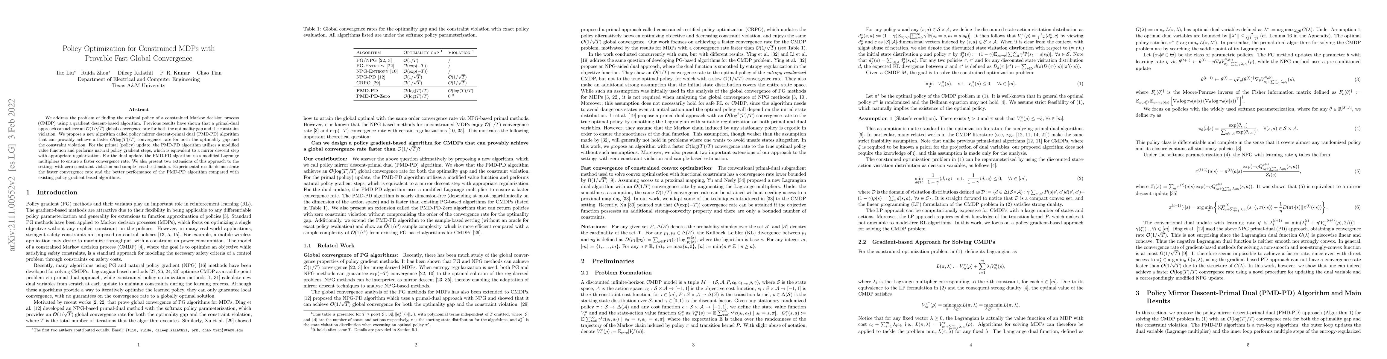 Thumbnail for Policy Optimization for Constrained MDPs with Provable Fast Global
  Convergence