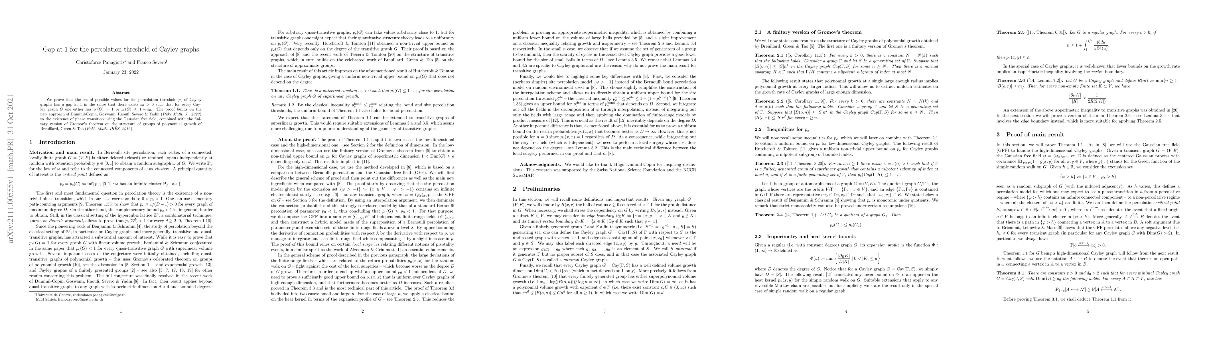 Thumbnail for Gap at 1 for the percolation threshold of Cayley graphs