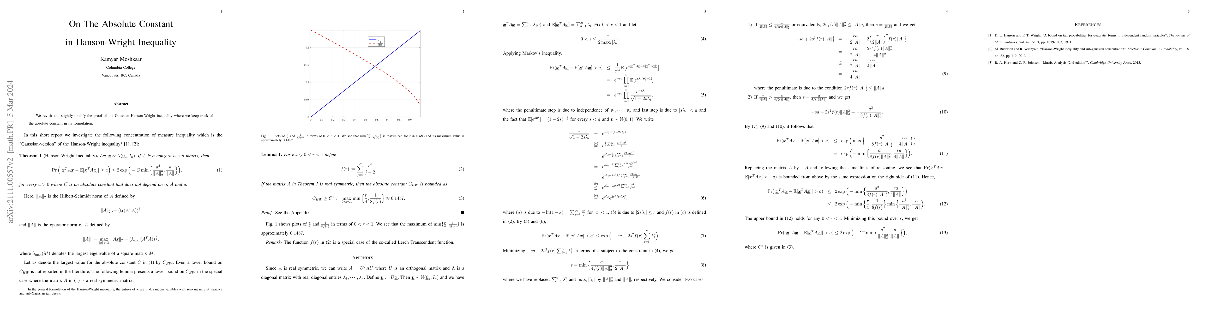 Thumbnail for On The Absolute Constant in Hanson-Wright Inequality