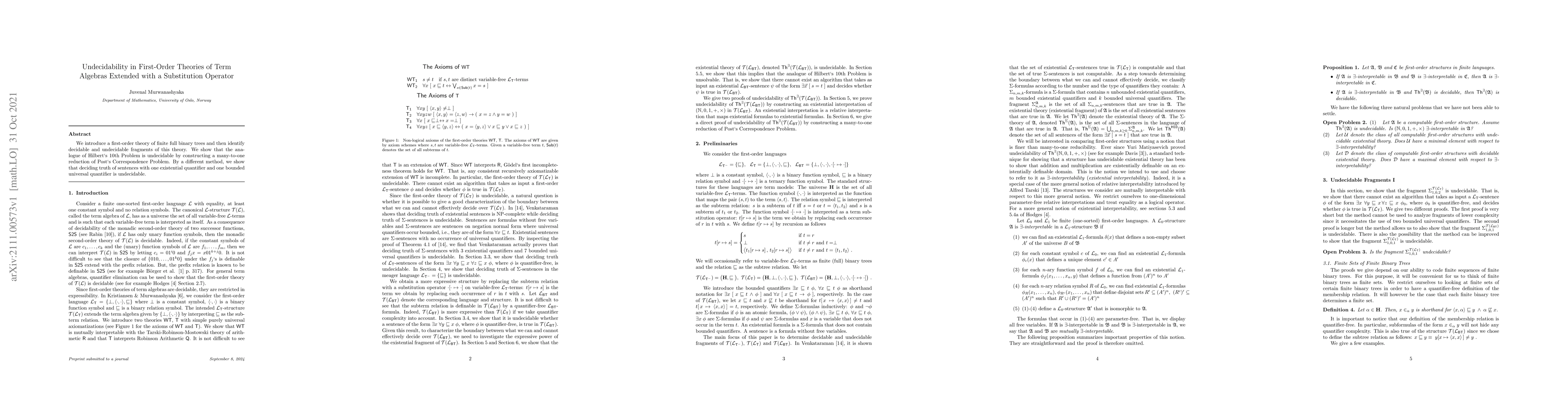 Thumbnail for Undecidability in First-Order Theories of Term Algebras Extended with a
  Substitution Operator