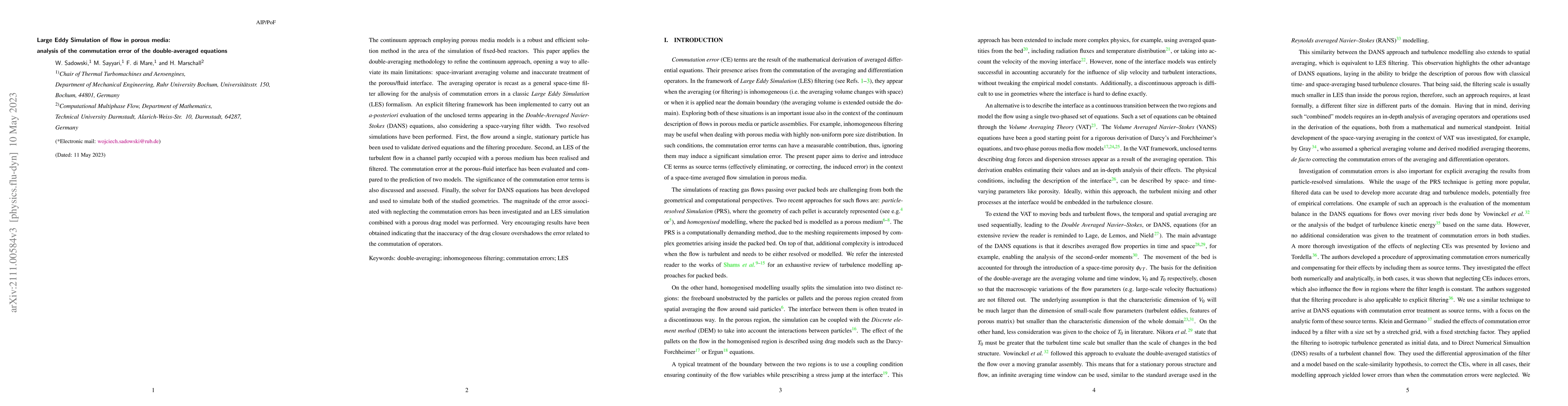 Thumbnail for Large eddy simulation of flow in porous media: Analysis of the
  commutation error of the double-averaged equations