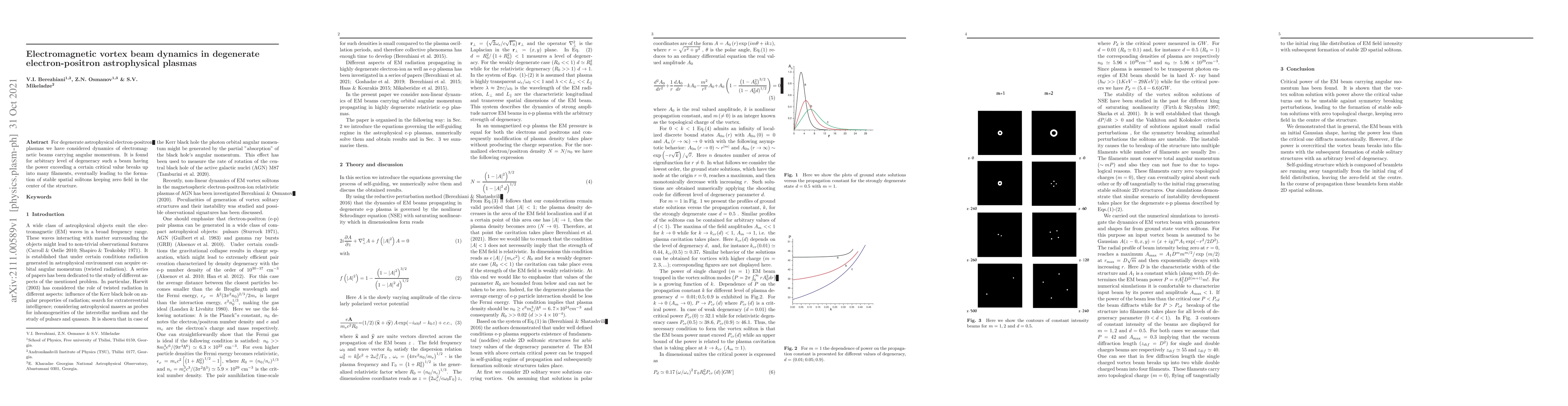 Thumbnail for Electromagnetic vortex beam dynamics in degenerate electron-positron
  astrophysical plasmas