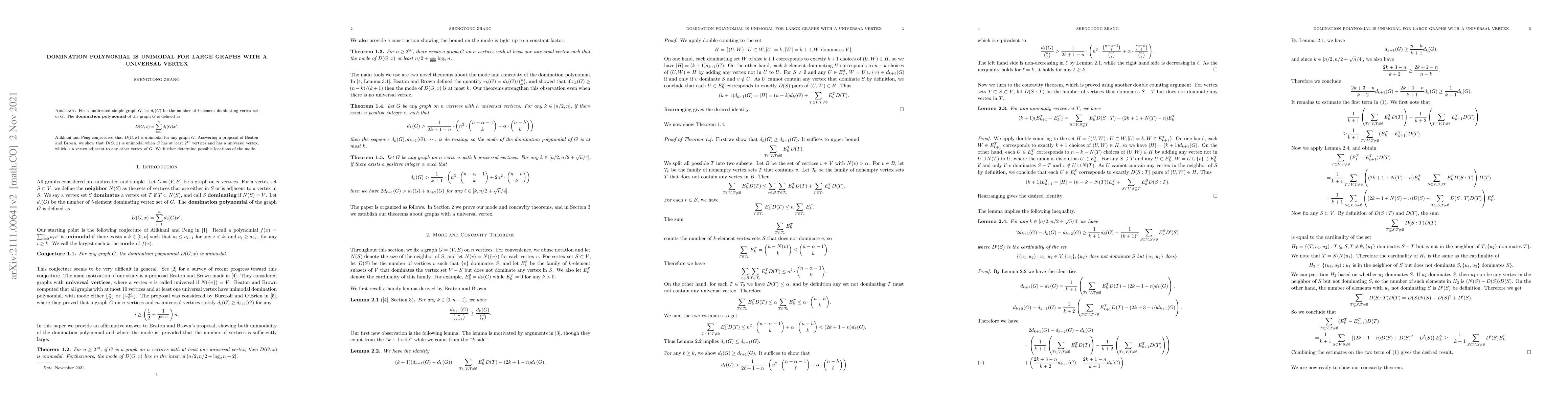 Thumbnail for Domination polynomial is unimodal for large graphs with a universal
  vertex