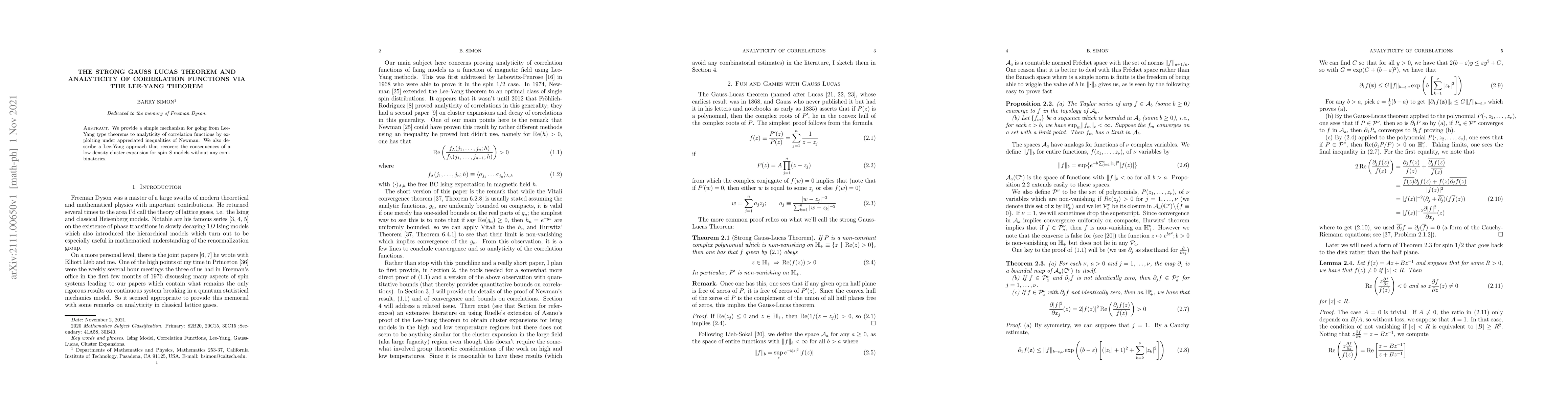 Thumbnail for The Strong Gauss Lucas Theorem and Analyticity of Correlation Functions
  via the Lee-Yang Theorem