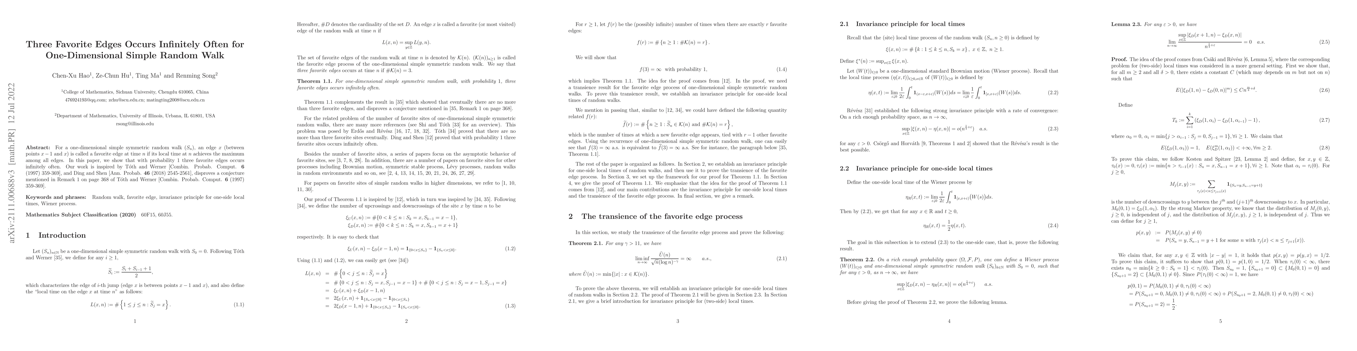 Thumbnail for Three Favorite Edges Occurs Infinitely Often for One-Dimensional Simple
  Random Walk
